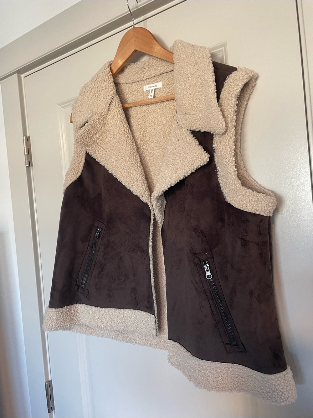 Maurices Brown Faux Suede Sherpa Vest with Cream Lining